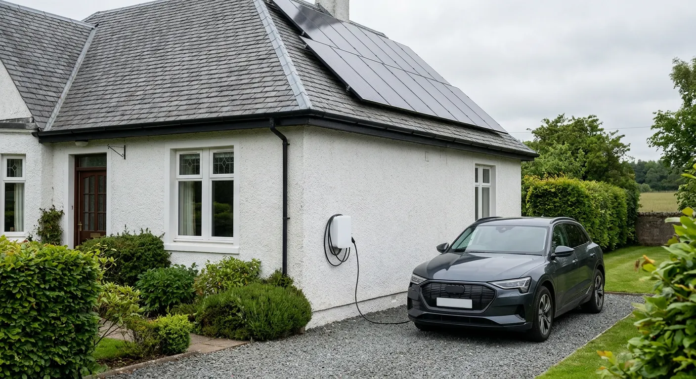 Electric car charging at a white harled Scottish home with roof solar panels