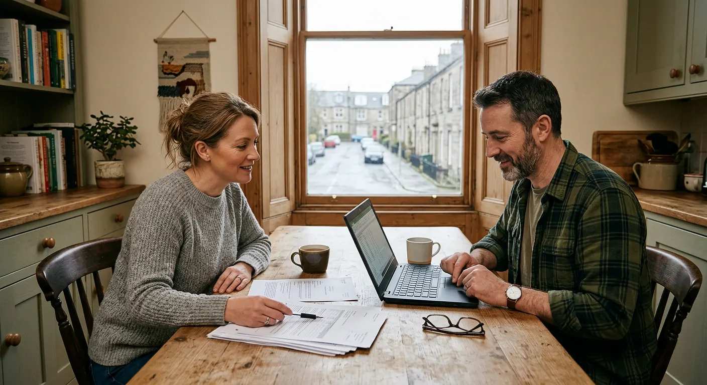 Scottish couple reviewing solar funding paperwork at their kitchen table
