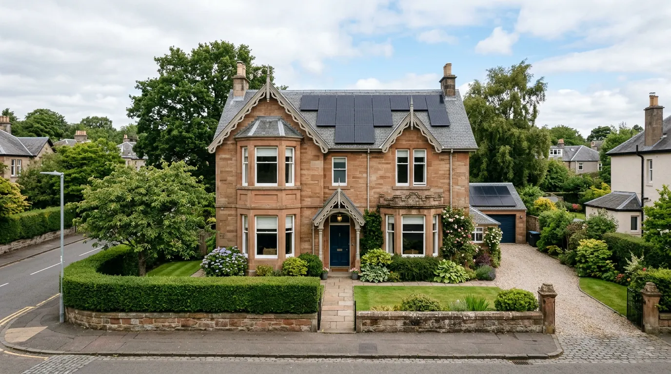 Scottish stone home with black solar panels on a slate roof