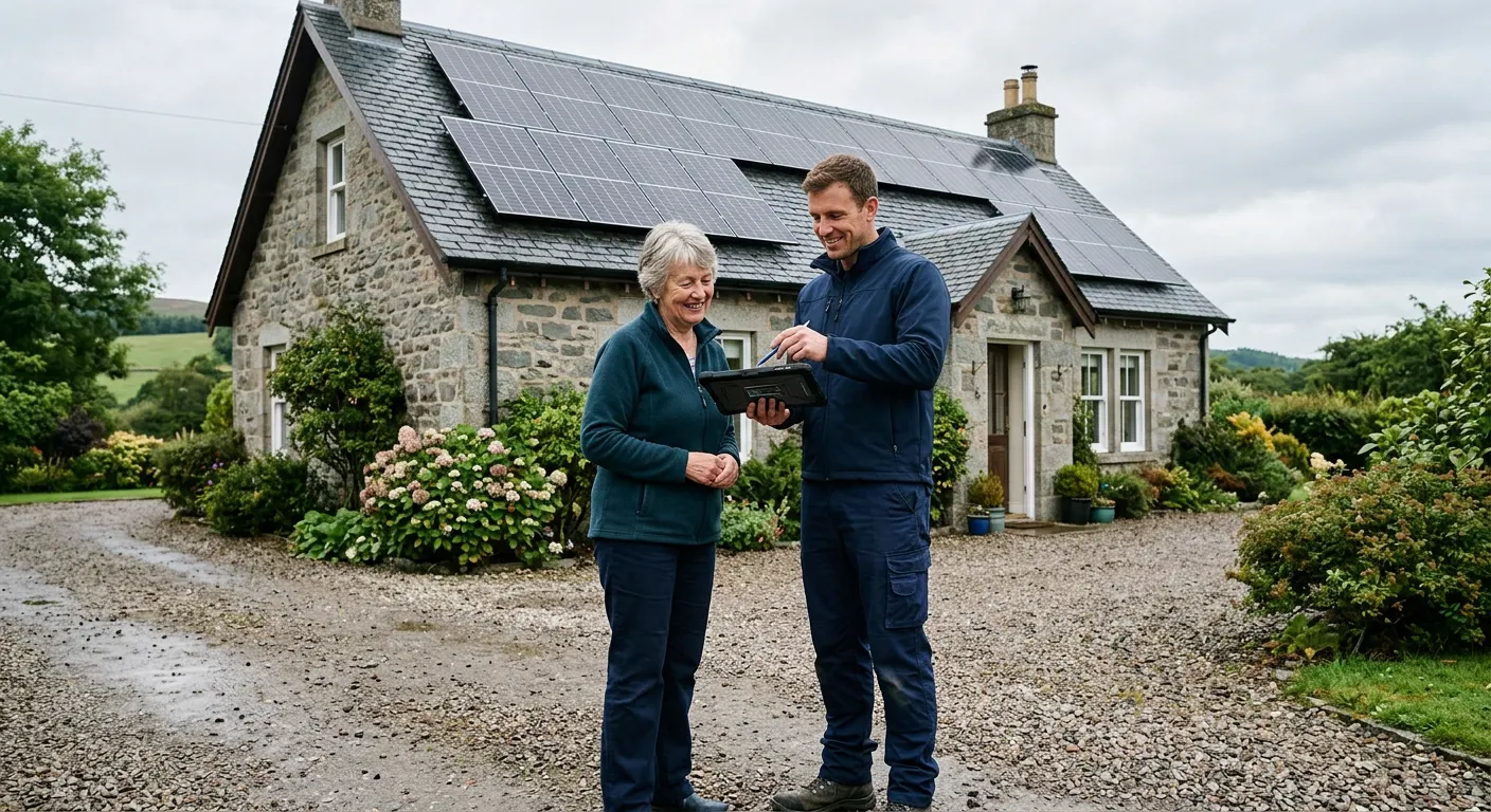 Surveyor discussing a solar quote with a homeowner outside a Scottish house