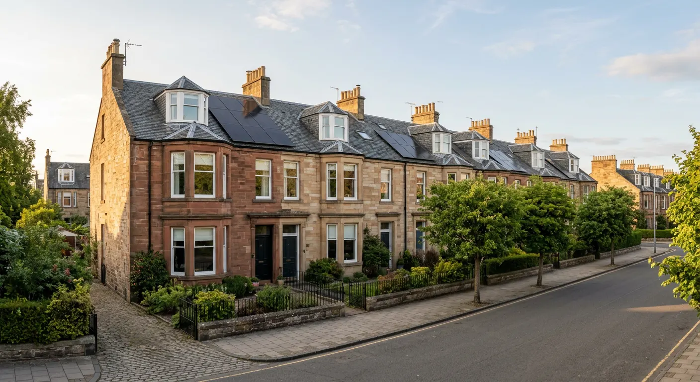 Row of Scottish homes with solar panels on slate roofs