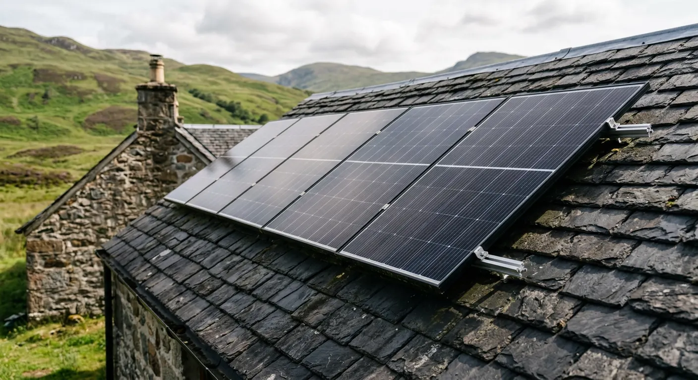 Black solar panels on a grey slate roof in Scotland